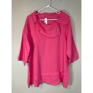 Match Point Hot Pink Linen Tunic Blouse XL Raw Edge Cowl Neck Made in USA